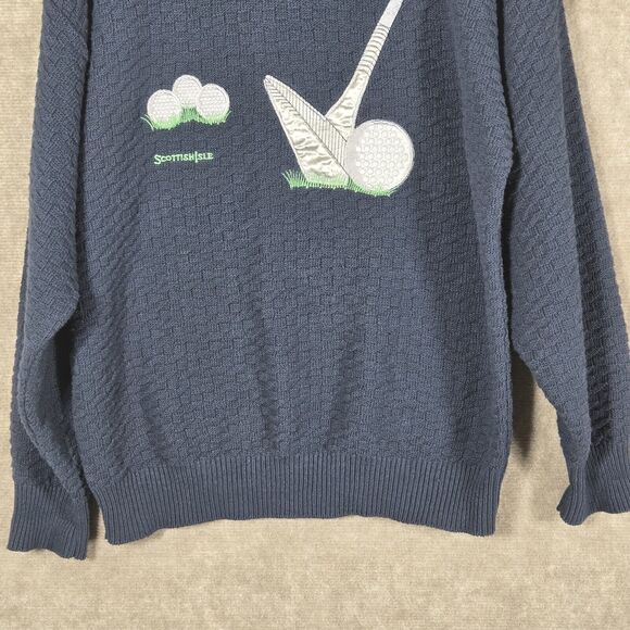 Vintage Scottish Isle Golf Sweater Mens Large Blue Hand Framed Knit Applique - Picture 3 of 7